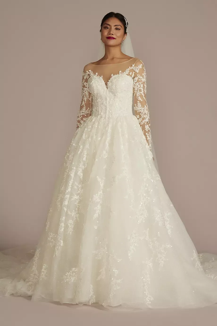 Oleg Cassini Lace Appliqued Illusion Long Sleeve Wedding Dress in Ivory/Stone Size: 8 David's Bridal