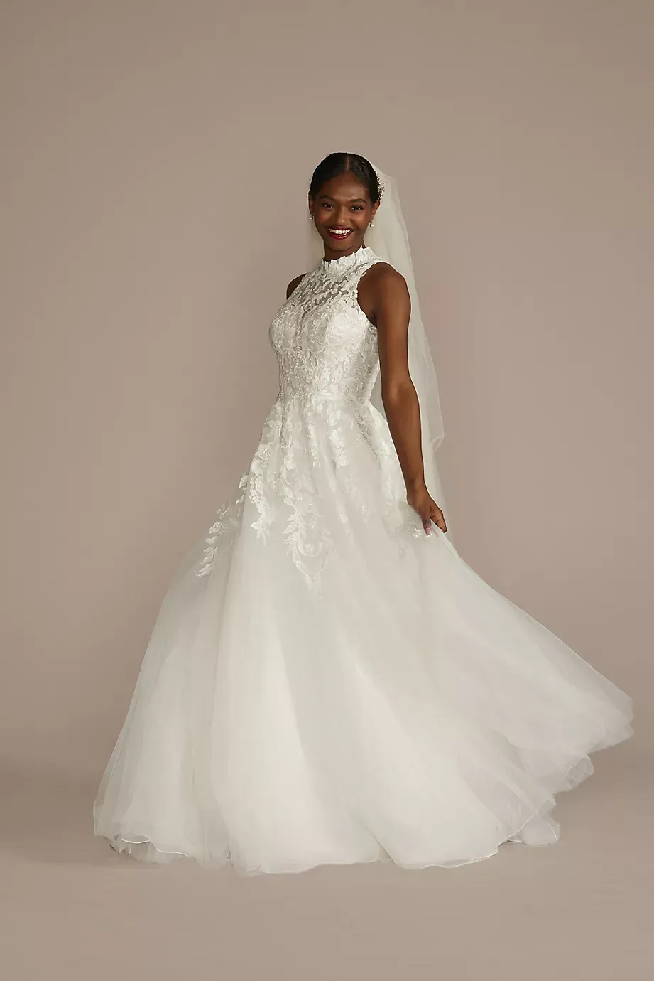 As Is High Neck Lace Applique Tulle Wedding Dress in Soft White/Dark Champagne Size: 10 David's Bridal