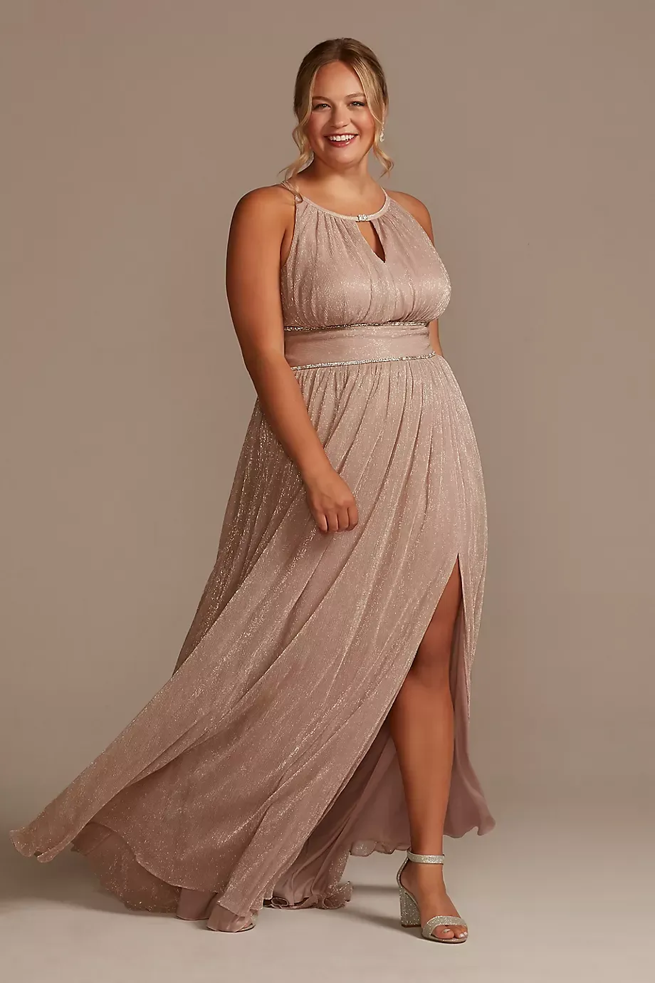 Oleg Cassini Plus Size Pleated Long Halter Dress With Keyhole in Blush Size: 24W David's Bridal