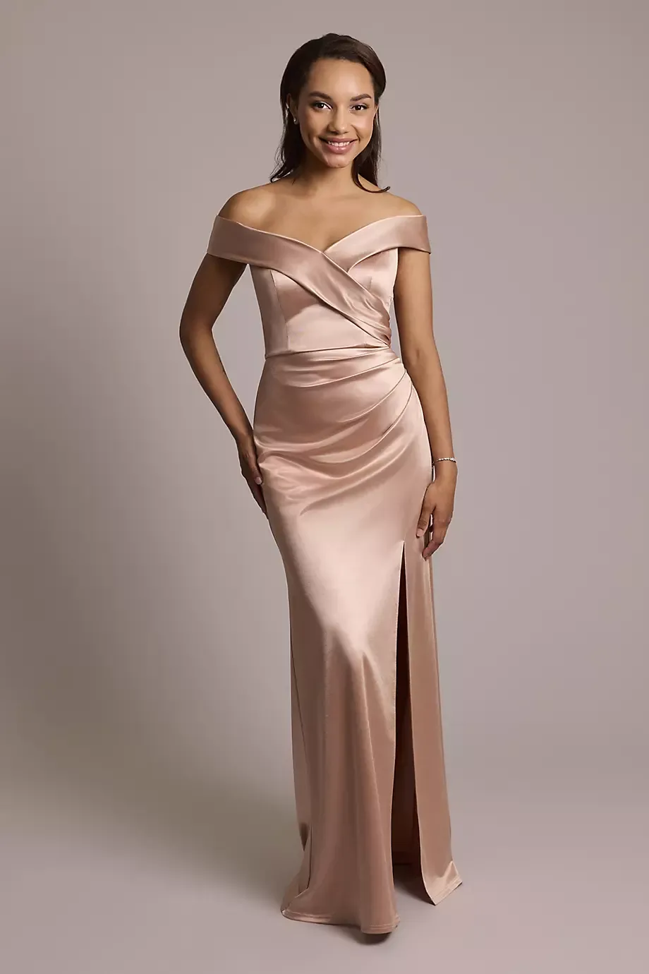 Celebrate DB Studio Sculpting Satin Cross-Front Dress in Sand Size: 24 David's Bridal