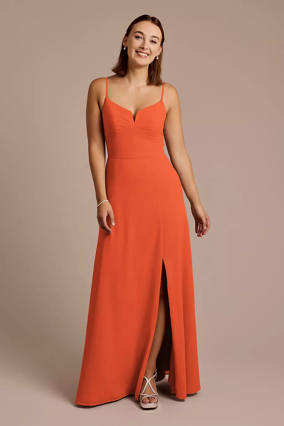 Celebrate DB Studio Chiffon Spaghetti Strap Sheath Dress in Sunset Coral Size: 0 David's Bridal