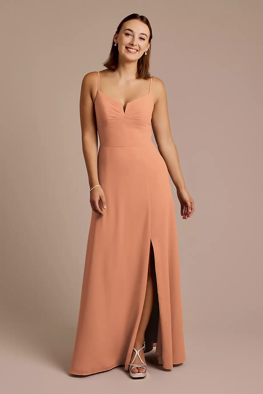 Celebrate DB Studio Chiffon Spaghetti Strap Sheath Dress in Terracotta Size: 28 David's Bridal