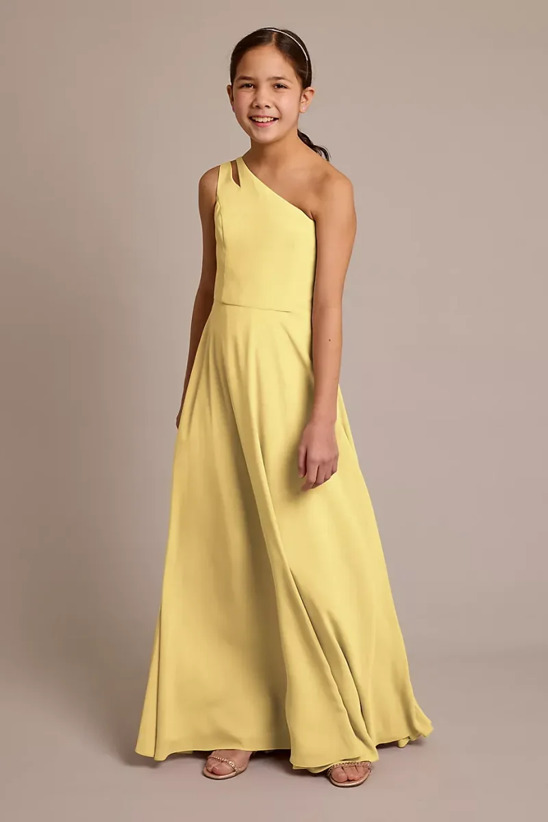 Celebrate DB Studio Chiffon One-Shoulder Junior Dress in Pale Yellow Size: 12 David's Bridal