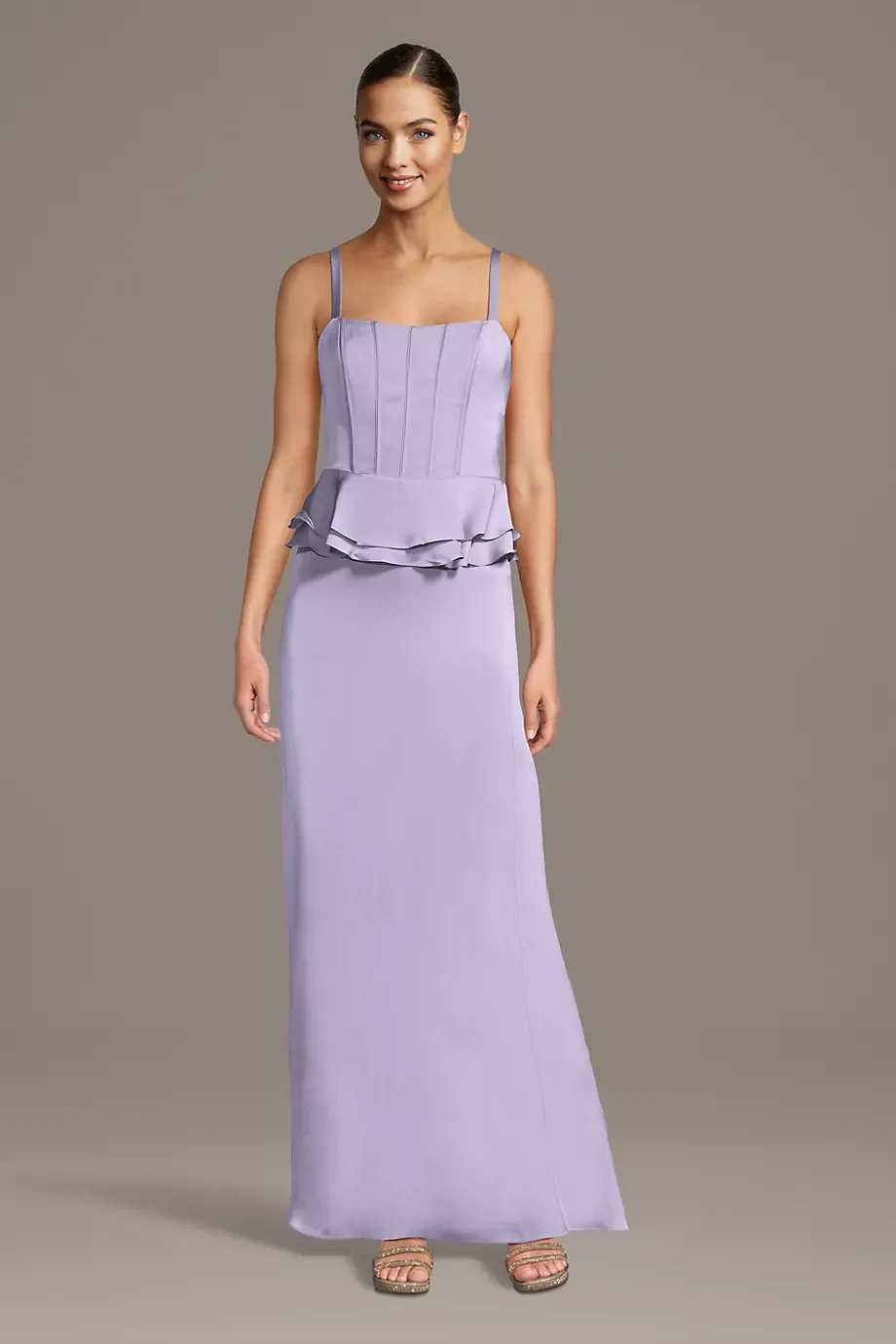 Celebrate DB Studio Matte Satin Corset Sheath Dress With Peplum in Iris Size: Small David's Bridal