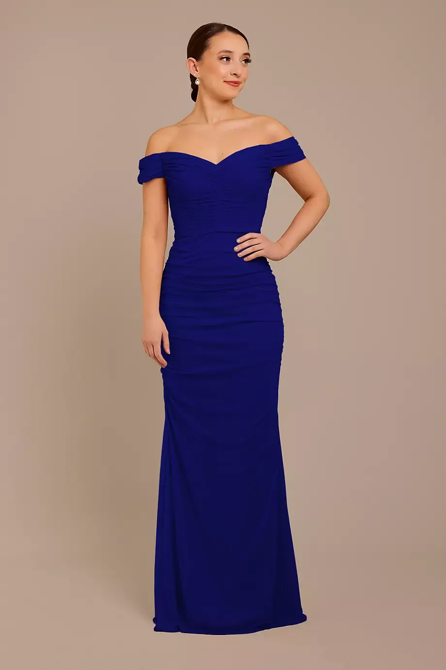 Celebrate DB Studio Mesh Off-The-Shoulder Ruched Dress in Royal Blue Size: 8 David's Bridal