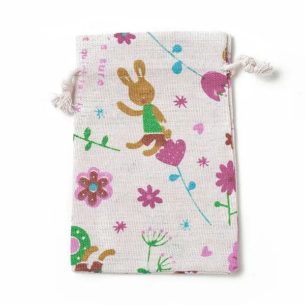 PandaHall Bunny Burlap Packing Pouches, Drawstring Bags, Rectangle with Rabbit & Flower Pattern, Colorful, 14~14.4x10~10.2cm Burlap