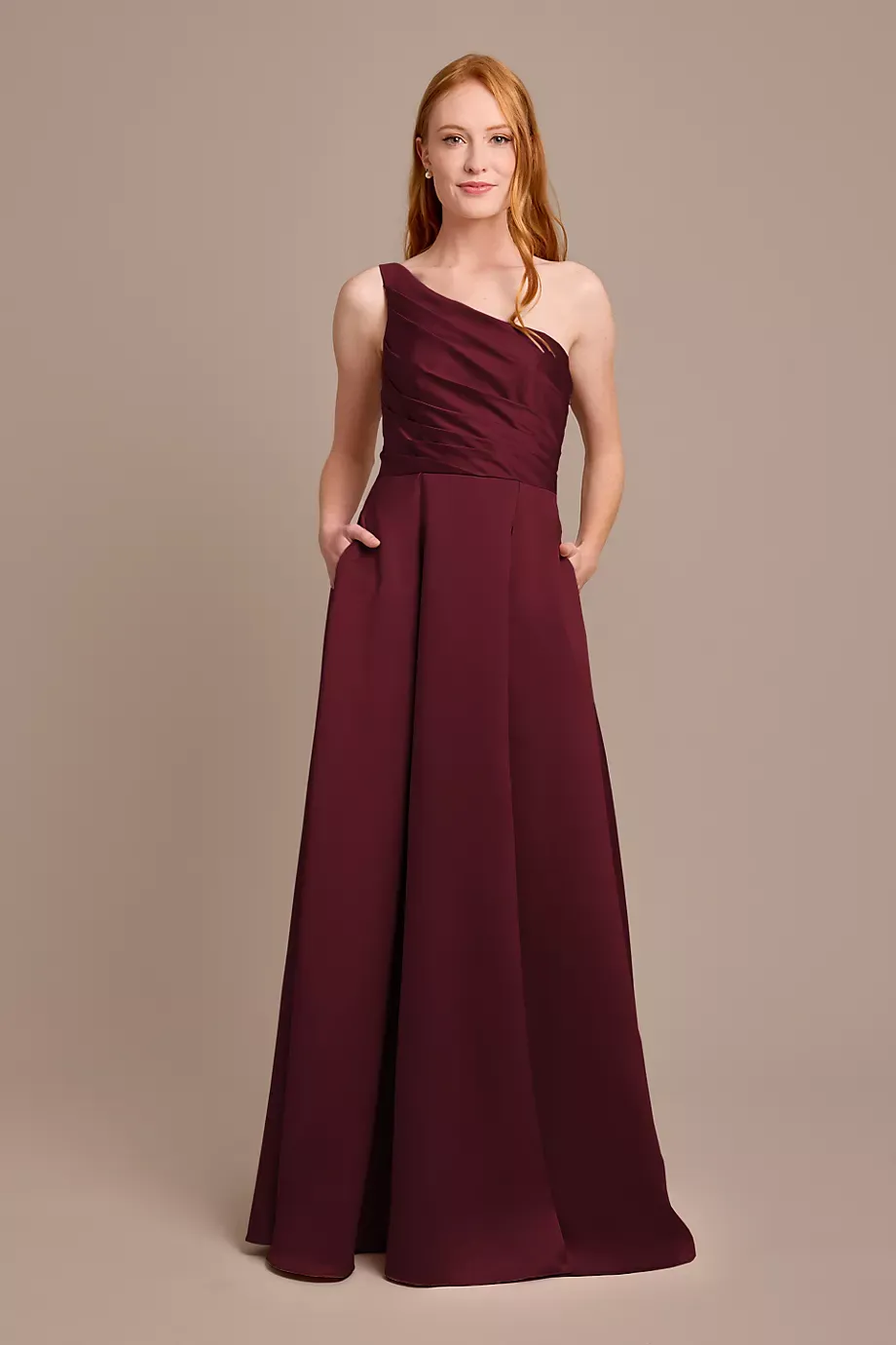 Celebrate DB Studio Satin One-Shoulder A-Line Pleated Dress in Wine Size: 8 David's Bridal