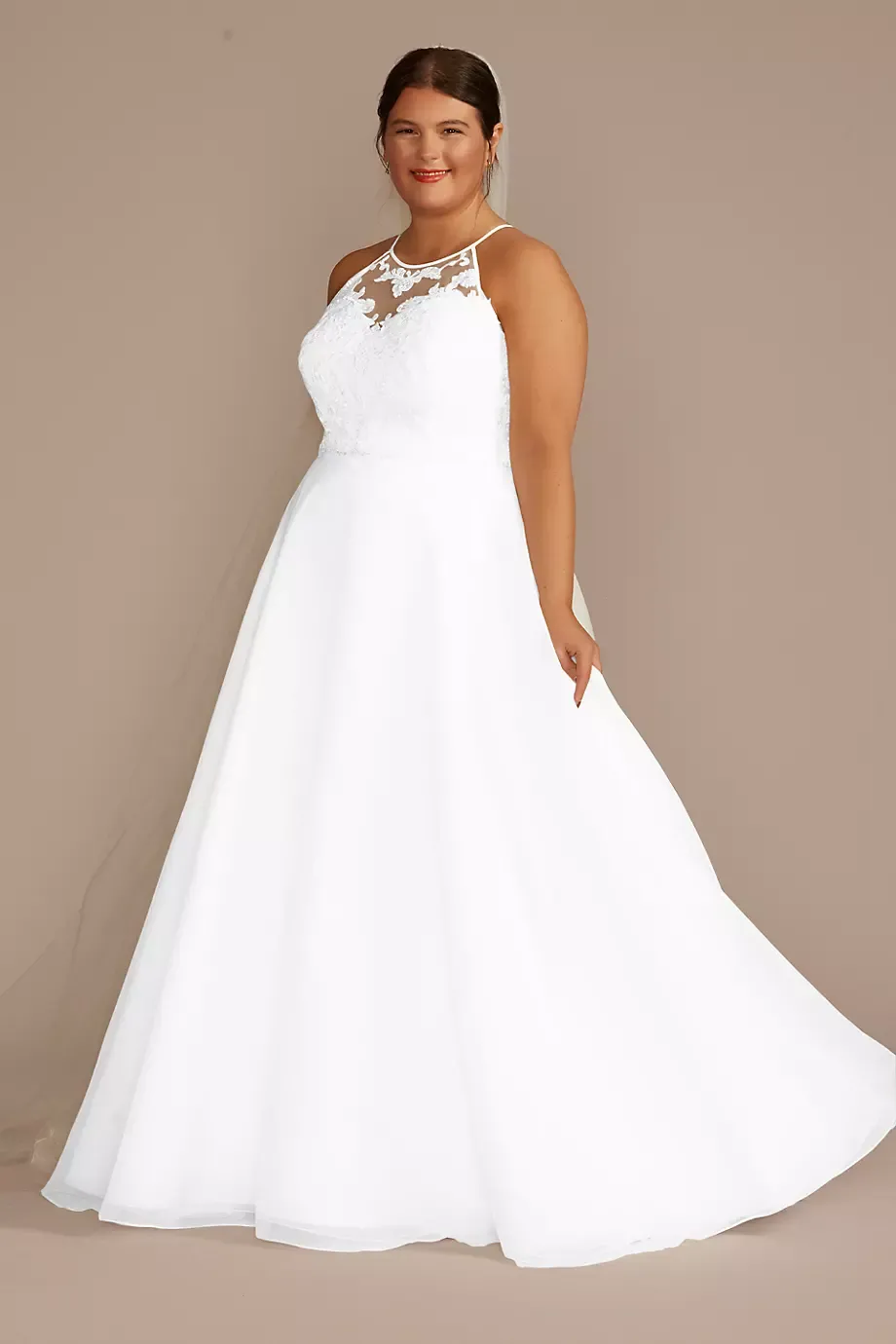 DB Studio Embellished Halter Neck A-Line Wedding Dress in White Size: 30W David's Bridal