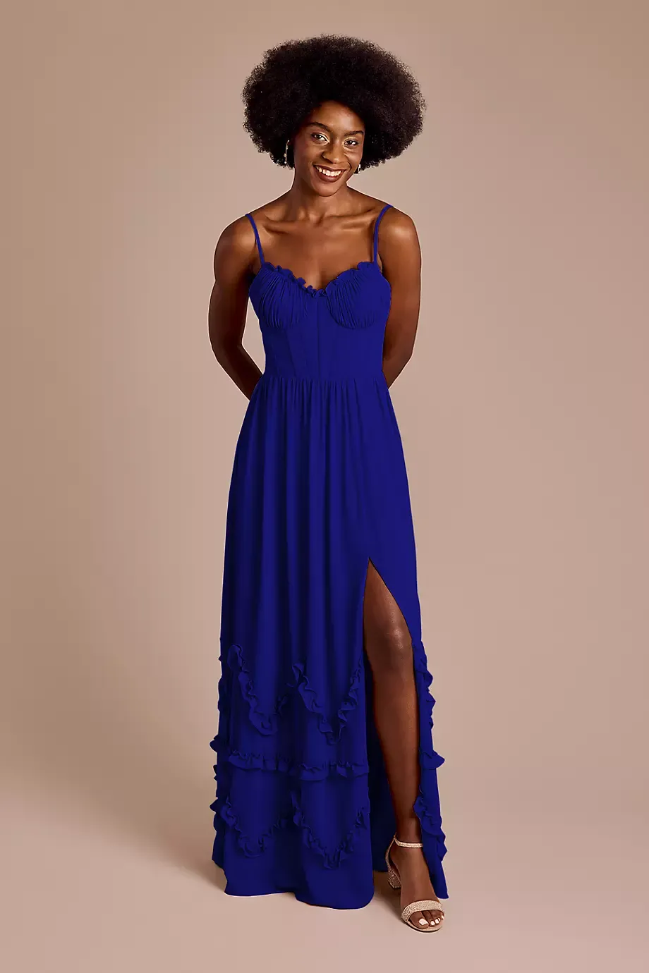 Celebrate DB Studio Ruffled Chiffon Spaghetti Strap Dress in Royal Blue Size: 16 David's Bridal