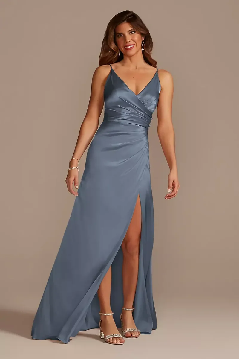 Galina Signature Tall Charmeuse Draped Strappy Dress in Steel Blue Size: 12 David's Bridal