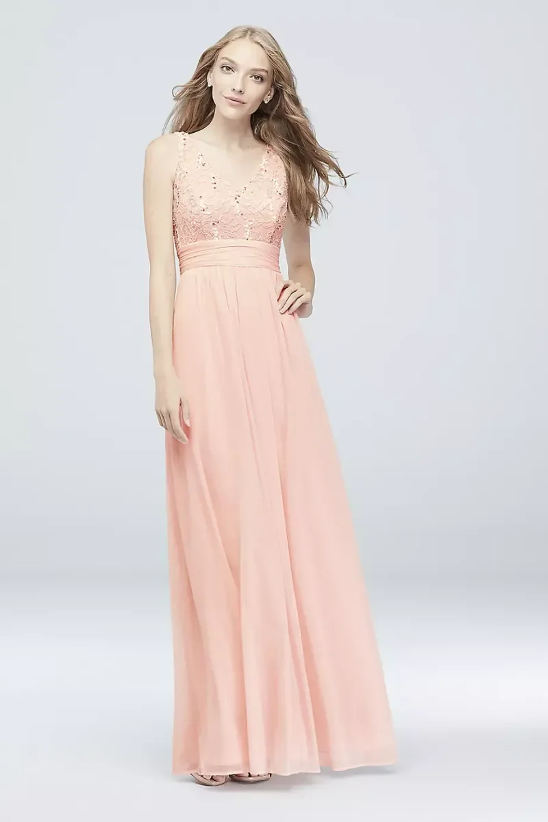 DB Studio Mesh And Sequin Lace Dress With Pleated Waist in Pale Pink Size: 14 David's Bridal