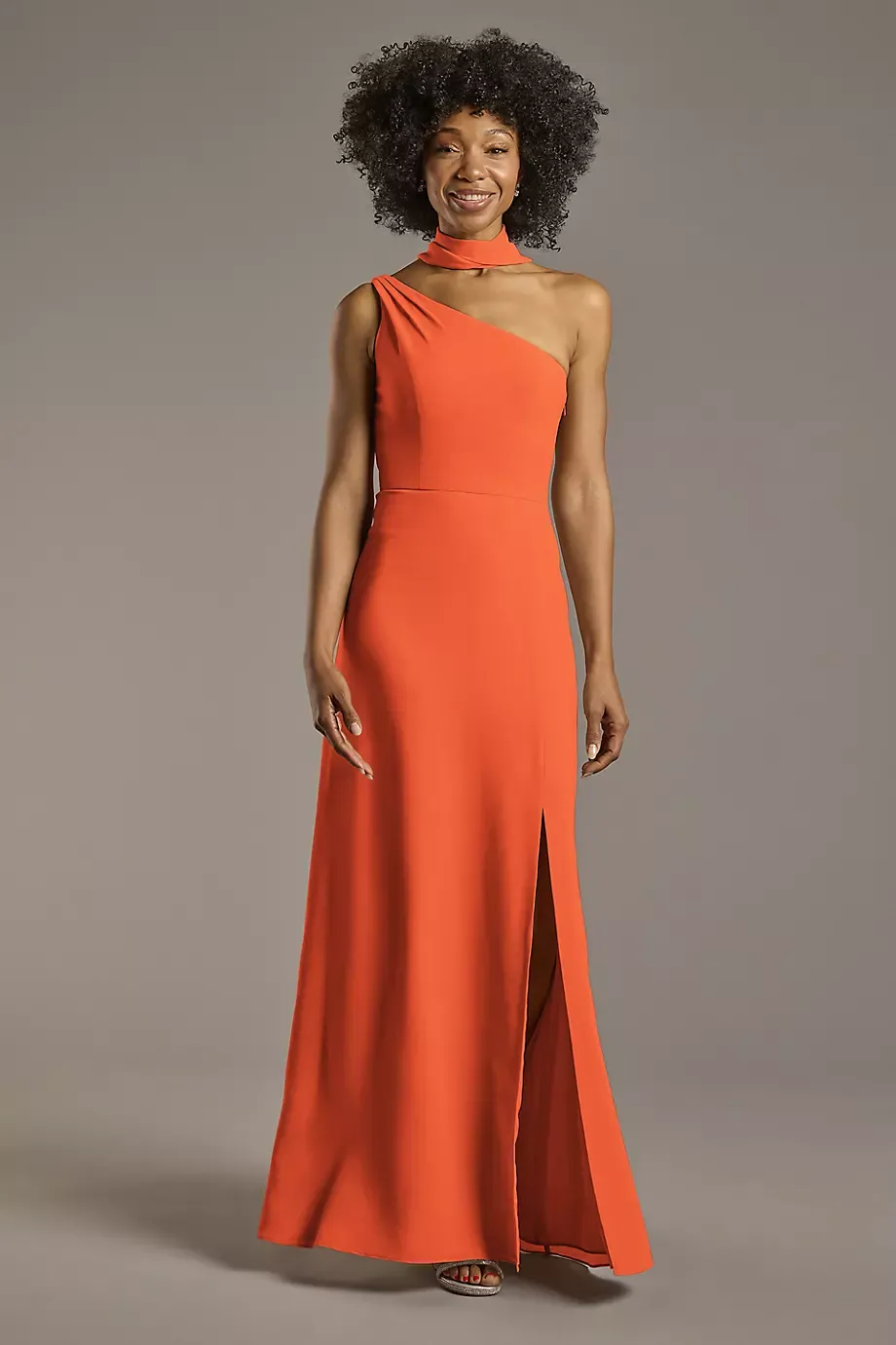 Celebrate DB Studio Convertible One-Shoulder Chiffon Dress in Sunset Coral Size: 4 David's Bridal
