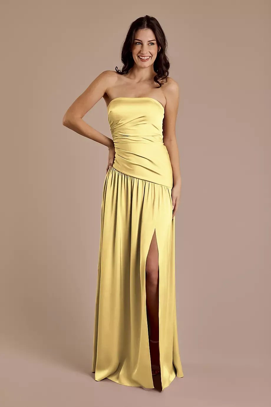 Galina Signature Matte Satin Strapless Drop Waist Dress in Pale Yellow Size: 4 David's Bridal