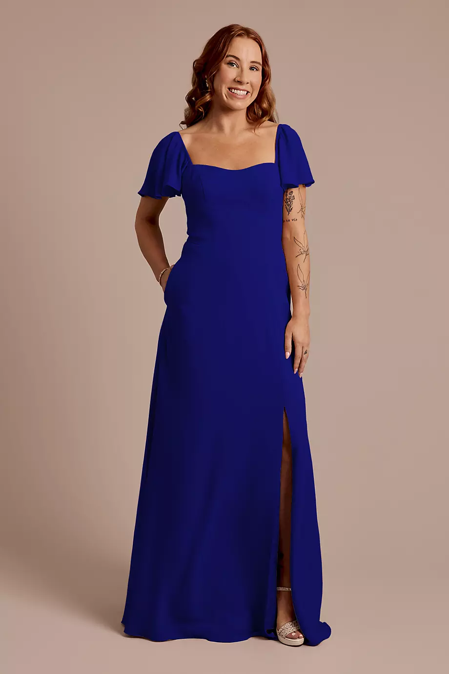 Celebrate DB Studio Chiffon Flutter Sleeve Dress With Basque Waist in Royal Blue Size: 28 David's Bridal