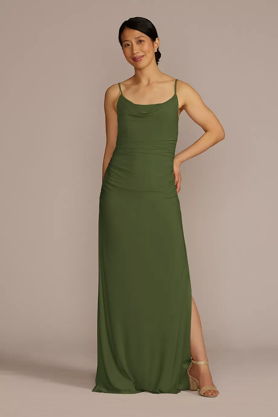 Celebrate DB Studio Ruched Jersey Spaghetti Strap Dress in Martini Olive Size: 24 David's Bridal