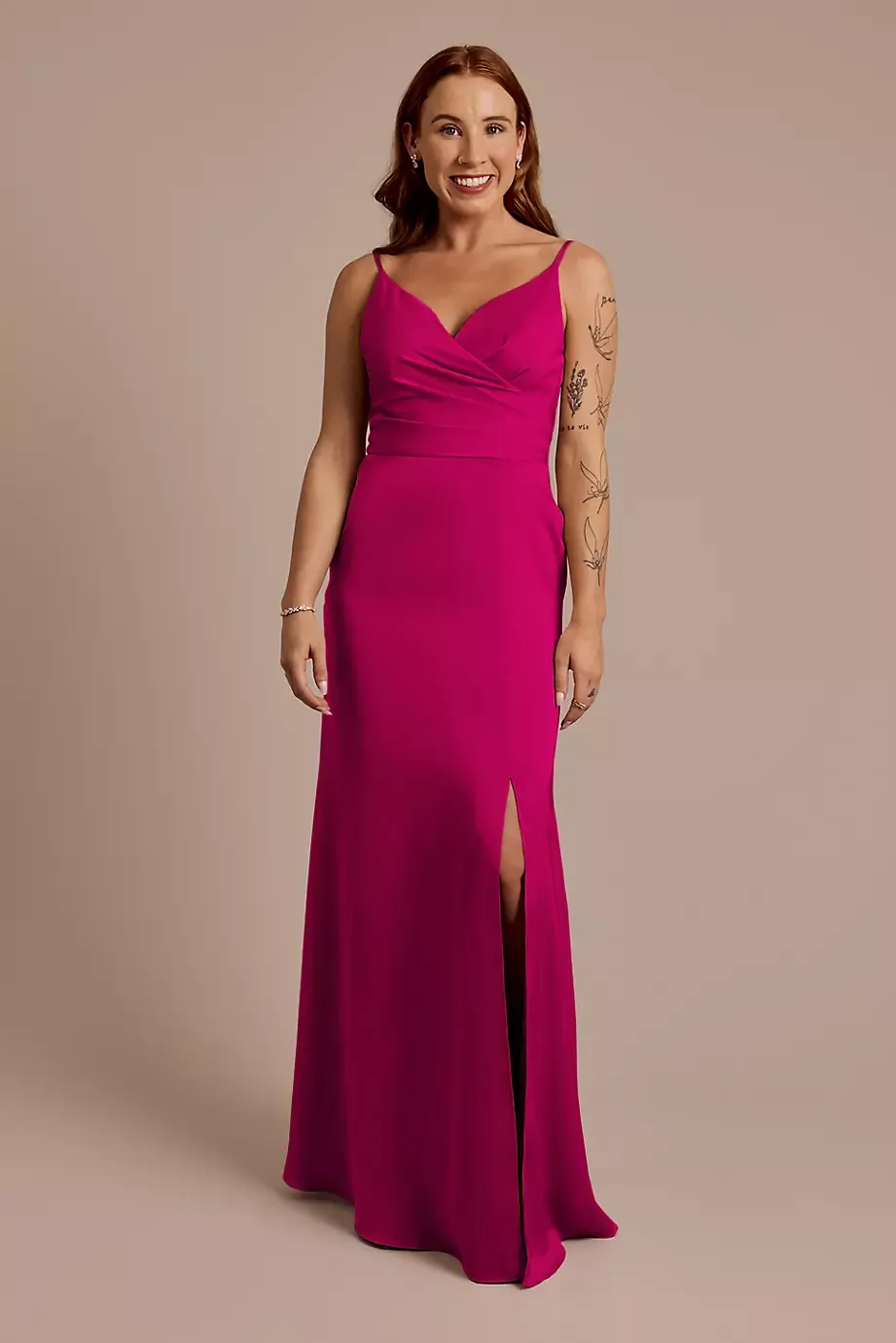Celebrate DB Studio Matte Satin Spaghetti Strap Surplice A-Line Dress in Berry Size: 30 David's Bridal
