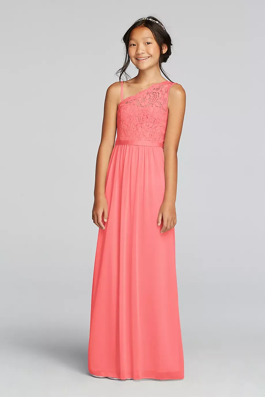 Long Mesh Skirt With Lace Bodice Dress in Parfait Size: 6 David's Bridal