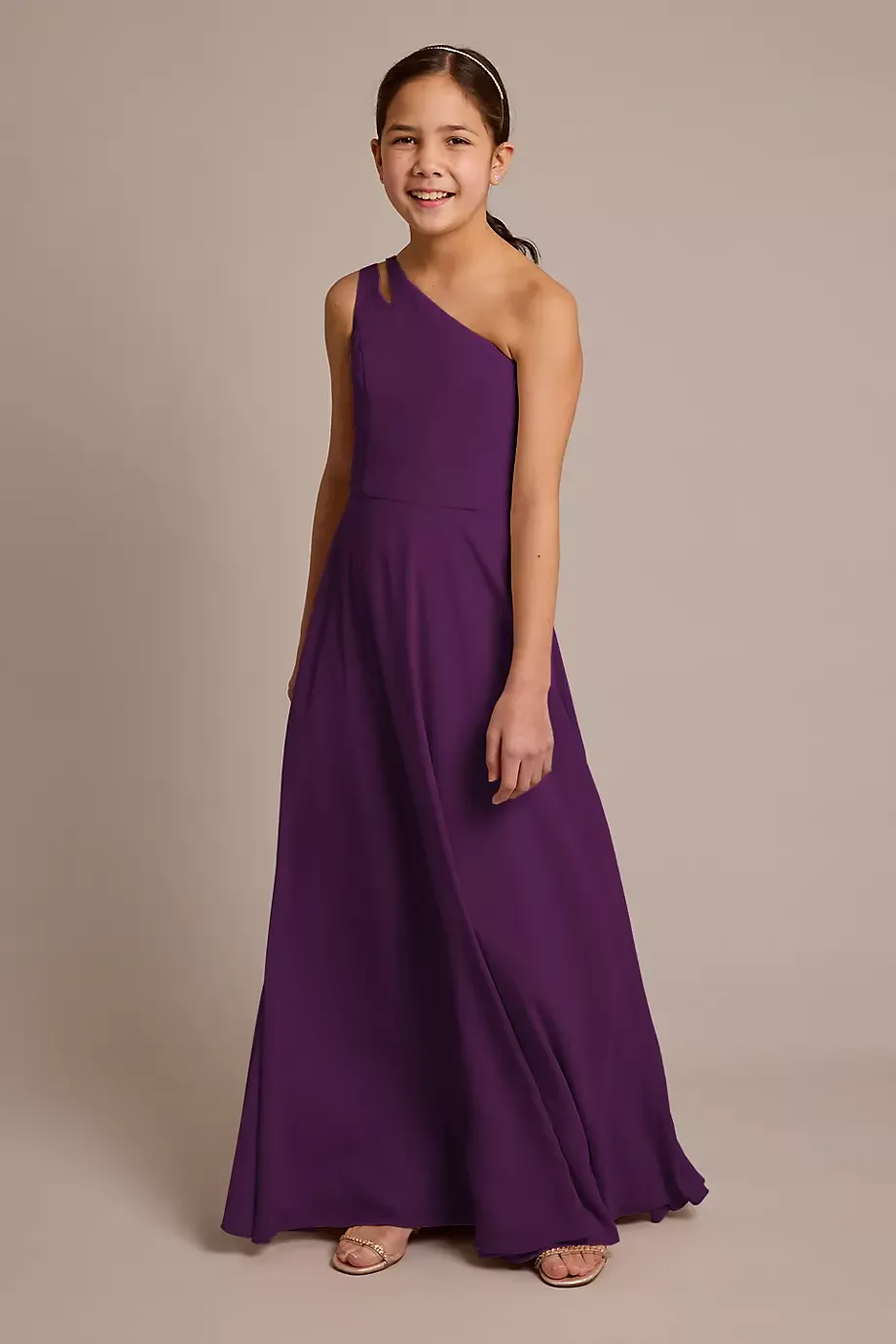 Celebrate DB Studio Chiffon One-Shoulder Junior Dress in Plum Size: 10 David's Bridal