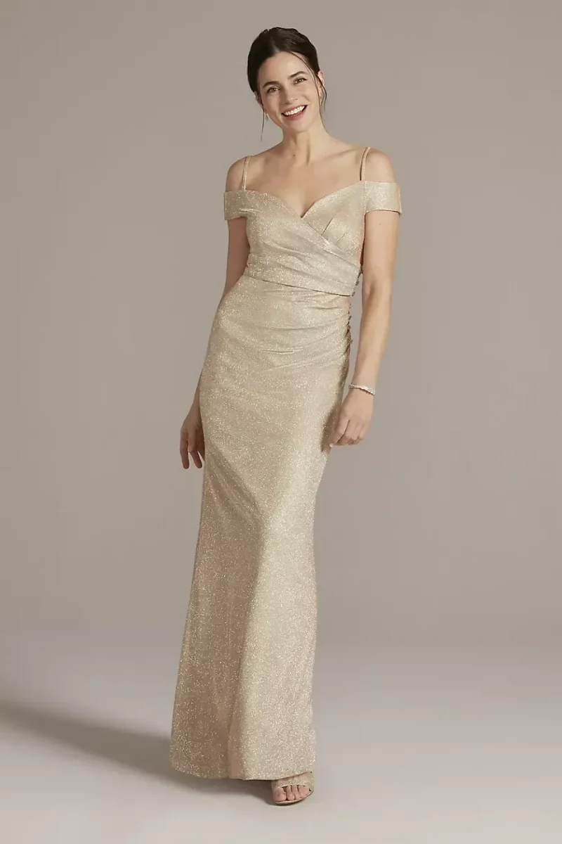 Oleg Cassini Off-The-Shoulder Metallic Sheath Gown in Champagne Size: 8 David's Bridal