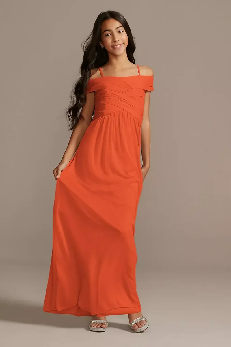 Celebrate DB Studio Crisscross Off-Shoulder Girls Dress in Sunset Coral Size: 8 David's Bridal