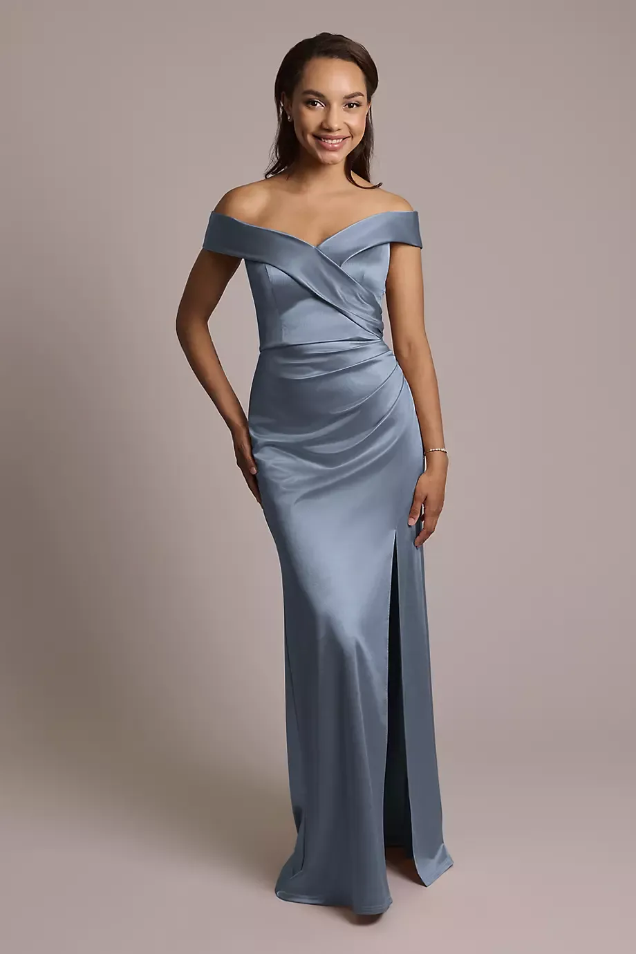 Celebrate DB Studio Sculpting Satin Cross-Front Dress in Steel Blue Size: 22 David's Bridal