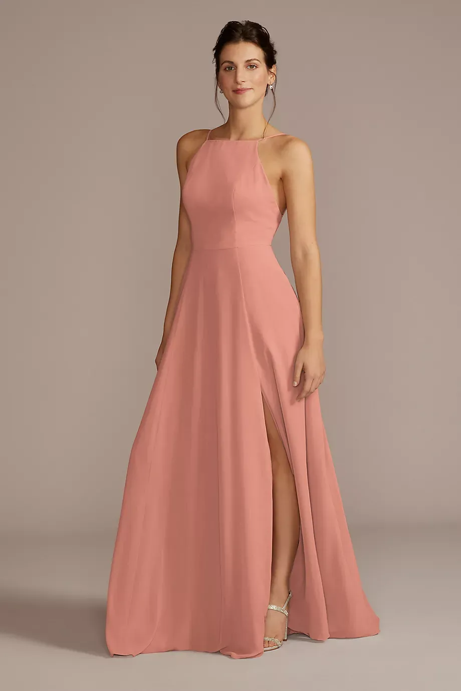 Celebrate DB Studio Chiffon High-Neck A-Line Dress in Desert Coral Size: 26 David's Bridal