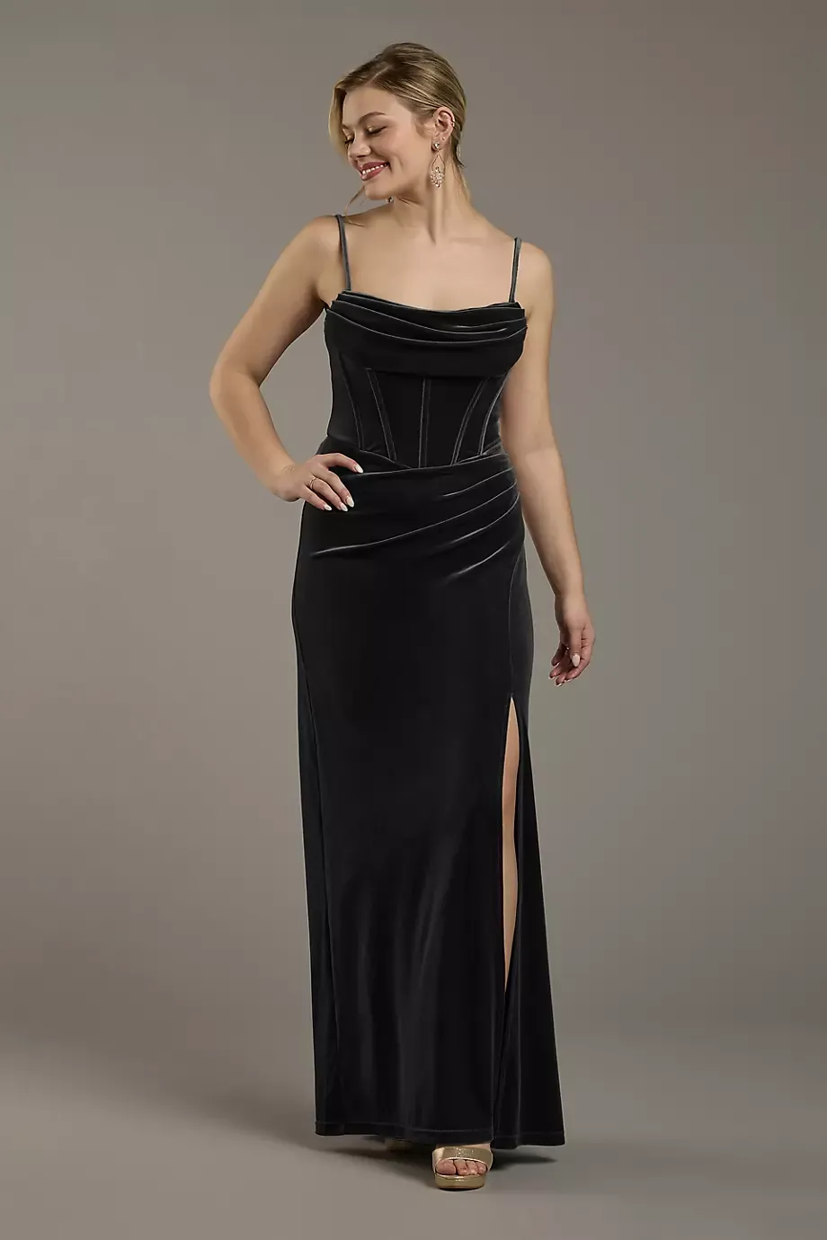 Galina Signature Velvet Corset Bodice Spaghetti Strap Sheath Dress in Black Size: 0 David's Bridal
