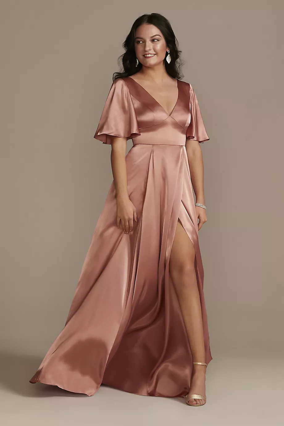 Galina Signature Charmeuse Flutter-Sleeve A-Line Dress in Desert Coral Size: 18 David's Bridal