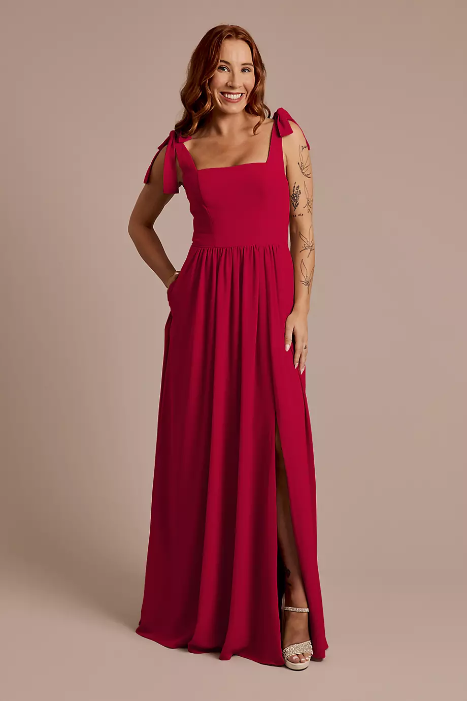 Celebrate DB Studio Chiffon Tie Strap Tank A-Line Dress in Apple Size: 16 David's Bridal