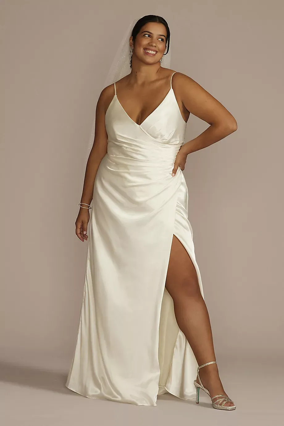 DB Studio Draped Satin Spaghetti Strap Sheath Wedding Dress in Ivory Size: 26W David's Bridal