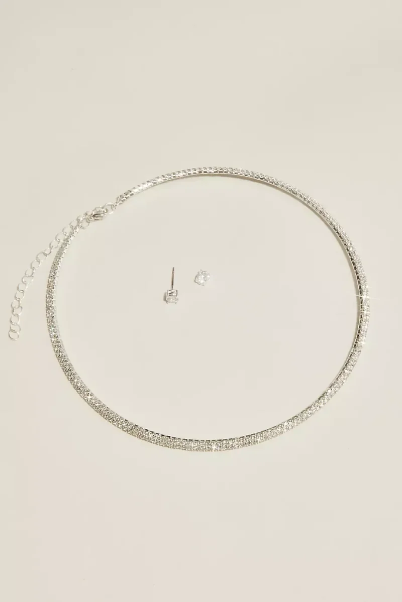 DB Studio Rhinestone Adjustable Cuff Necklace Set in Silver David's Bridal