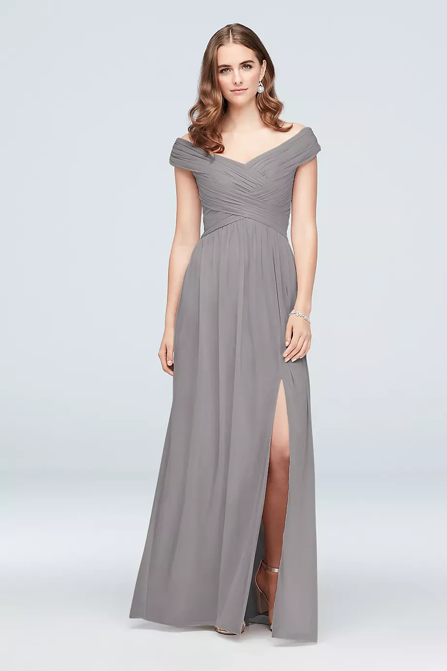 Celebrate DB Studio Crisscross Off-The-Shoulder Mesh Bridesmaid Dress in Mercury Size: 26 David's Bridal