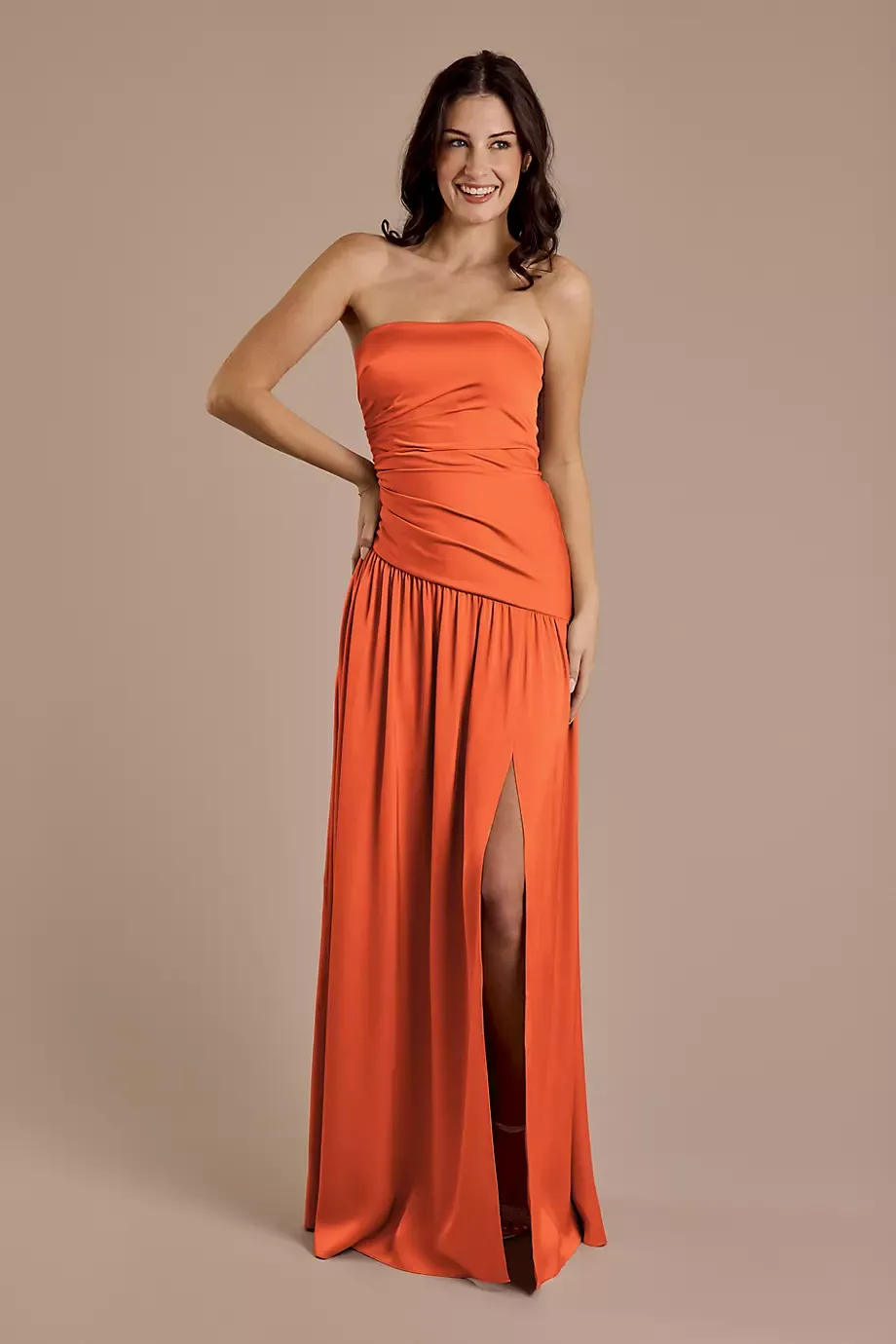 Galina Signature Matte Satin Strapless Drop Waist Dress in Sunset Coral Size: 14 David's Bridal