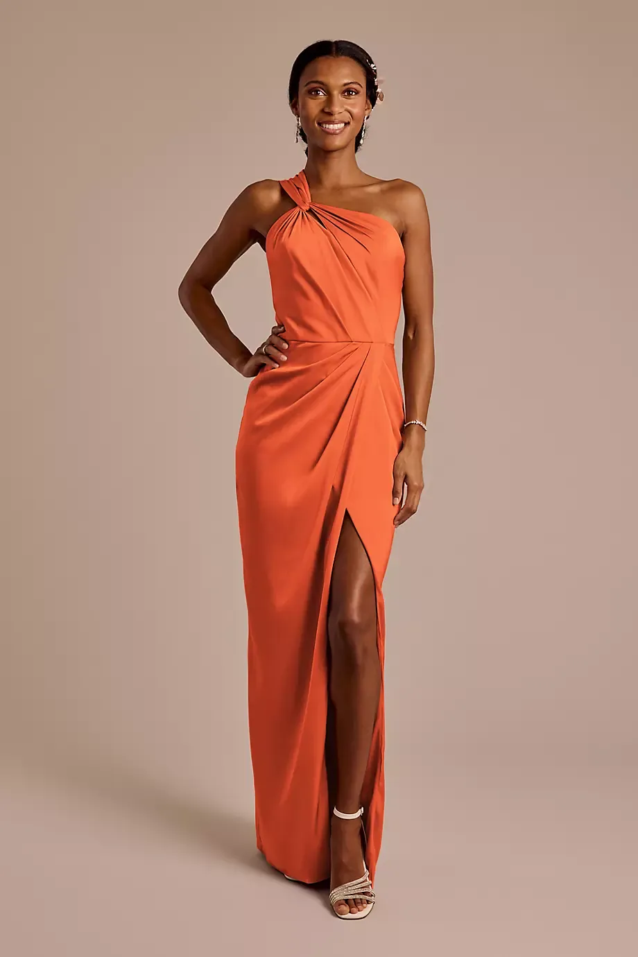 Galina Signature Matte Satin Knotted One-Shoulder Sheath Dress in Sunset Coral Size: 10 David's Bridal