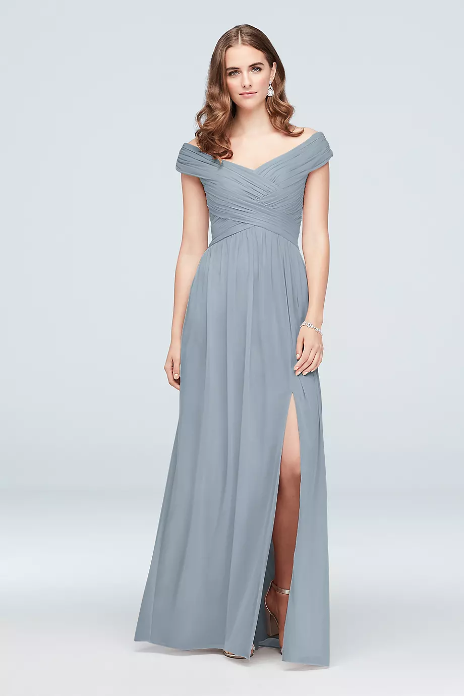 Celebrate DB Studio Crisscross Off-The-Shoulder Mesh Bridesmaid Dress in Dusty Blue Size: 14 David's Bridal