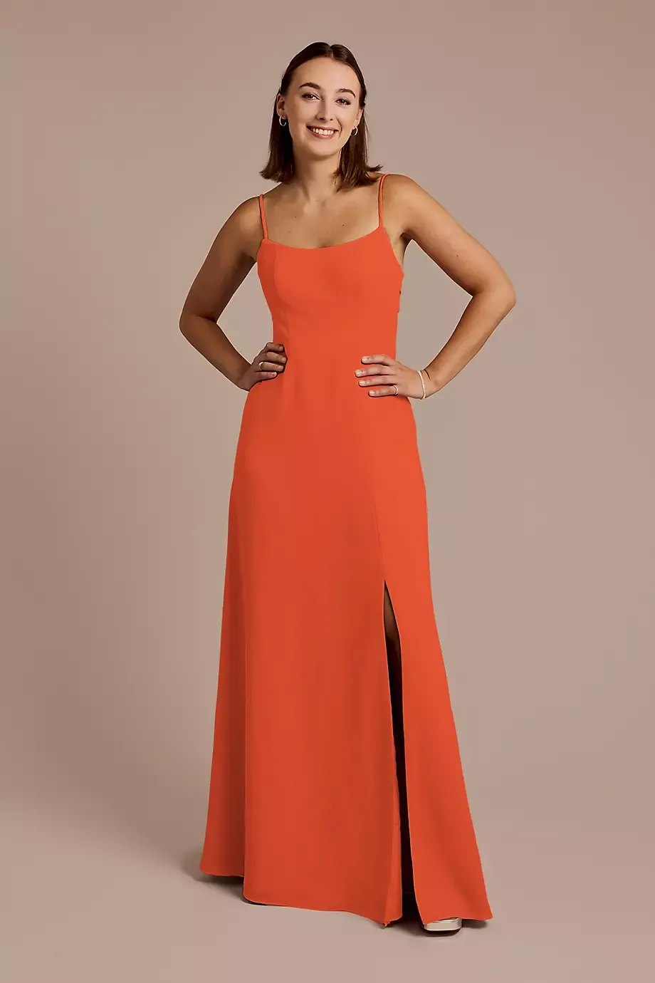Celebrate DB Studio Spaghetti Strap Bow Back Chiffon Dress in Sunset Coral Size: 0 David's Bridal