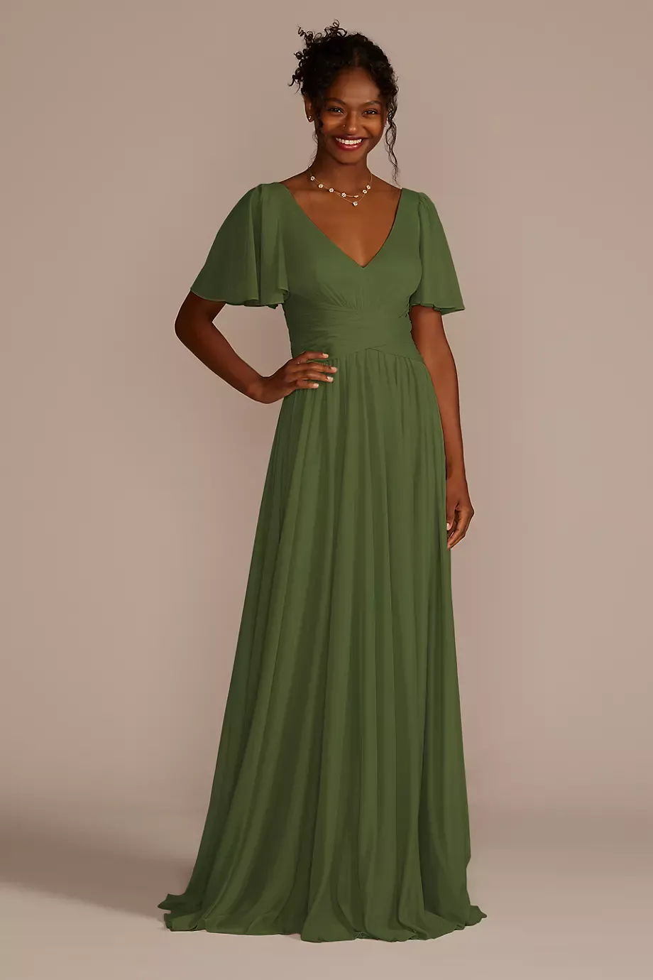 Celebrate DB Studio Flutter Sleeve Crisscross Mesh Dress in Martini Olive Size: 18 David's Bridal