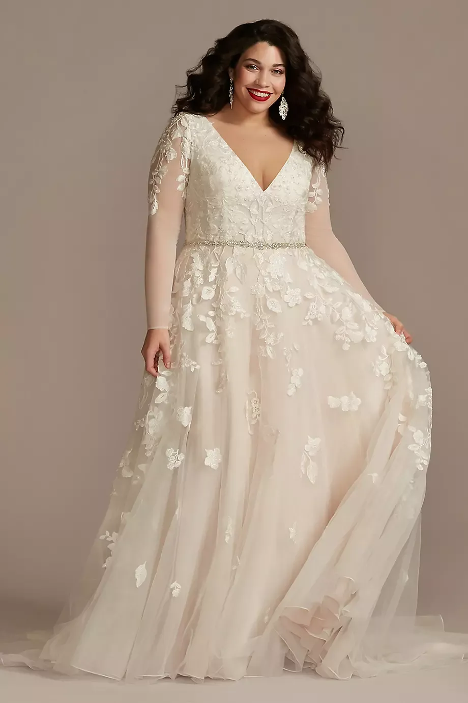 Galina Signature Illusion Long Sleeve Wedding Dress in Solid White Size: 18W David's Bridal