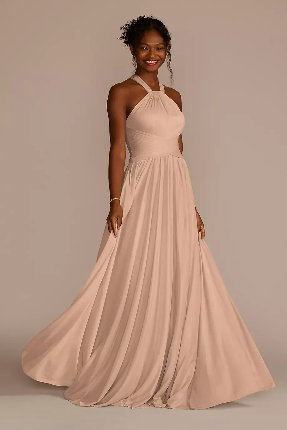 Celebrate DB Studio High-Neck Mesh Bridesmaid Dress With Full Skirt in Sand Size: 14 David's Bridal