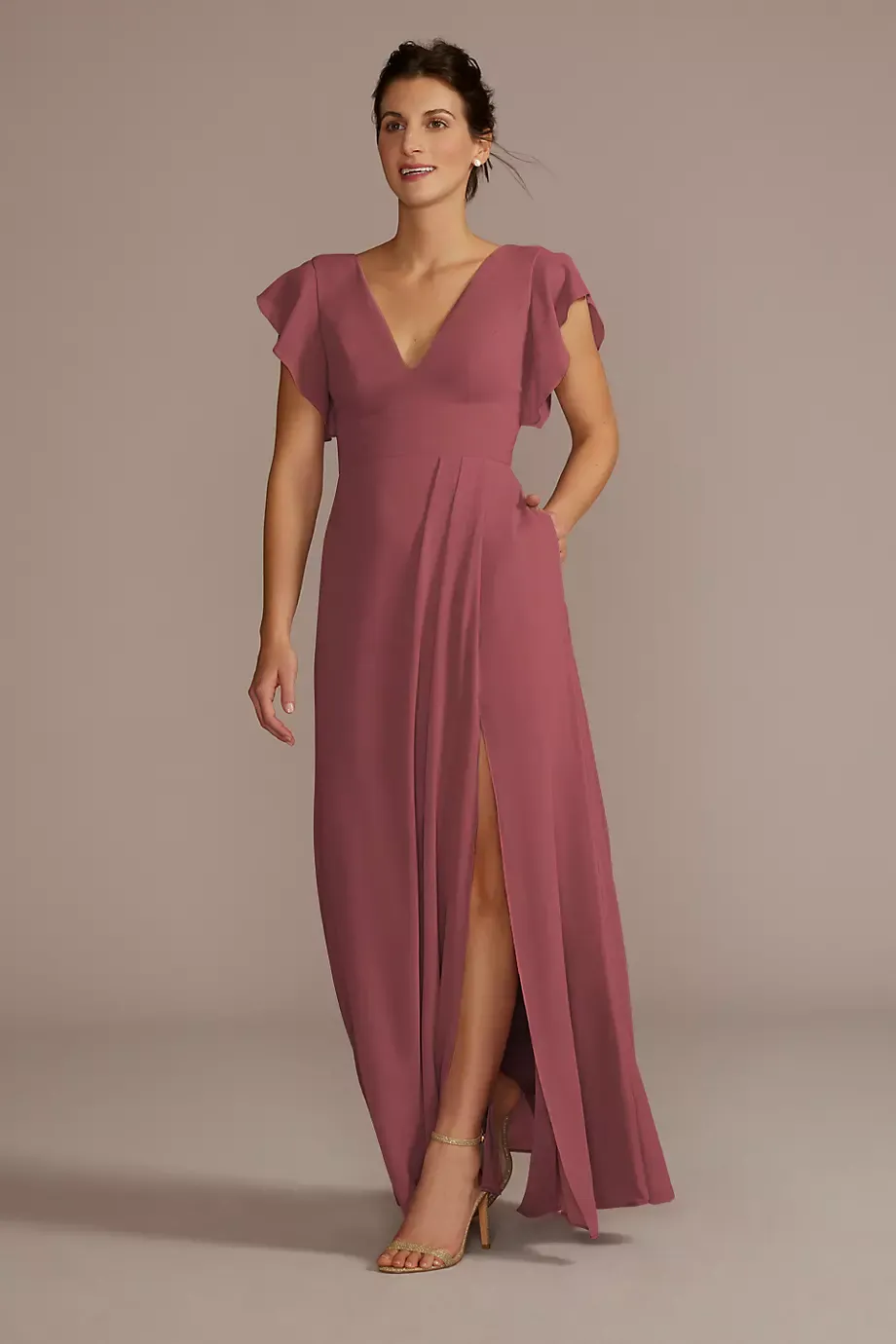 Celebrate DB Studio Flutter Sleeve Chiffon V-Neck Dress in Chianti Size: 20 David's Bridal