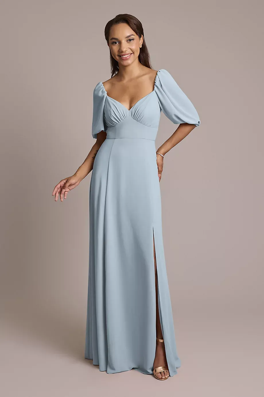 Celebrate DB Studio Chiffon Short Sleeve A-Line Dress in Dusty Blue Size: 0 David's Bridal