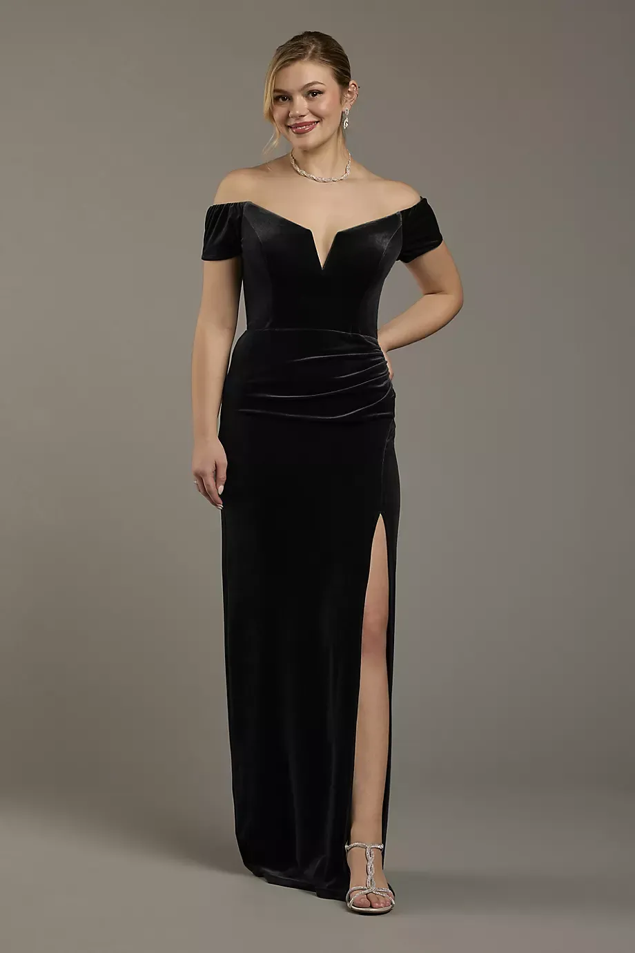 Galina Signature Velvet Off-The-Shoulder Notch Neck Sheath Dress in Black Size: 6 David's Bridal