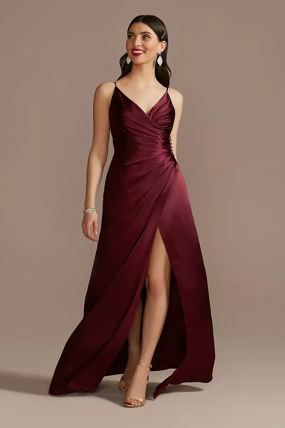 Galina Signature Charmeuse Draped Strappy Dress in Wine Size: 8 David's Bridal