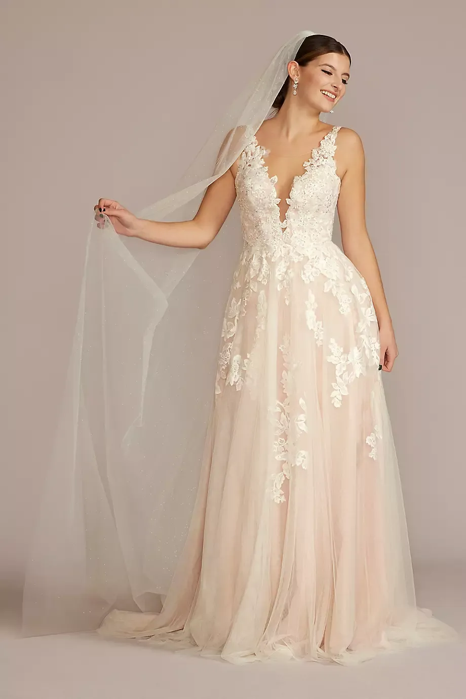 As Is Illusion Plunge V-Neck Lace Wedding Gown in Ivory/Cashmere Size: 2 David's Bridal