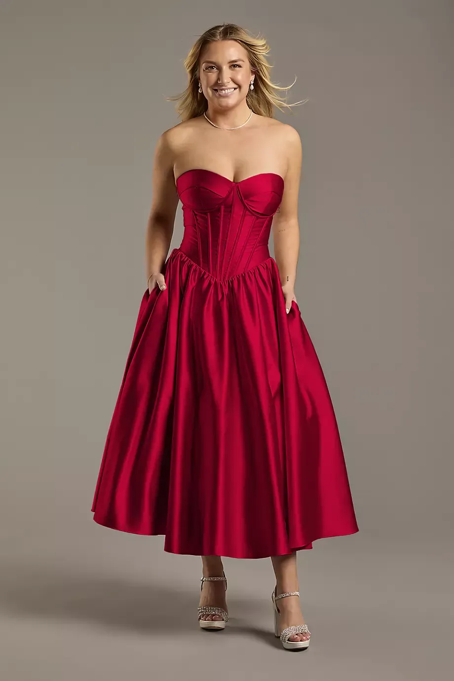 Celebrate DB Studio Satin Strapless Drop Waist Midi Dress in Apple Size: 18 David's Bridal