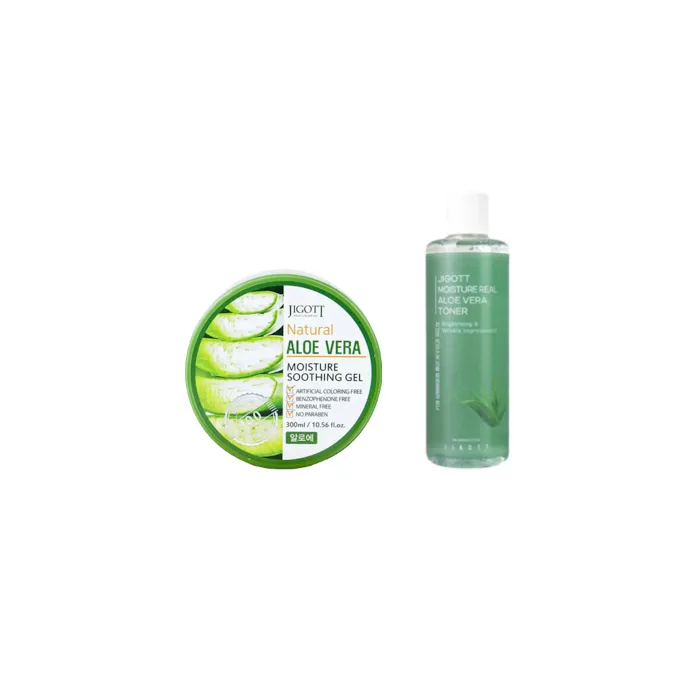 Jigott - Moisture Real Aloe Vera Toner - 300ml (1ea) + Natural Aloe Vera Moisture Soothing Gel - 300ml (1ea) Set