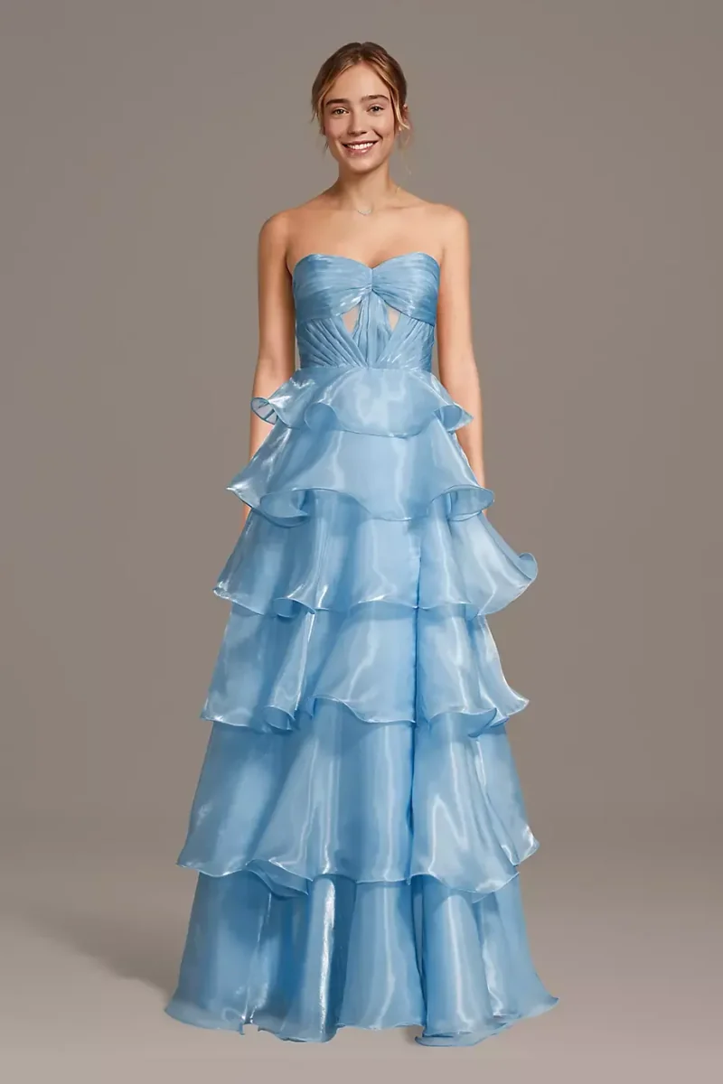 Jules and Cleo Pleated Organza Tiered Ball Gown in Ice Blue Size: 13 David's Bridal