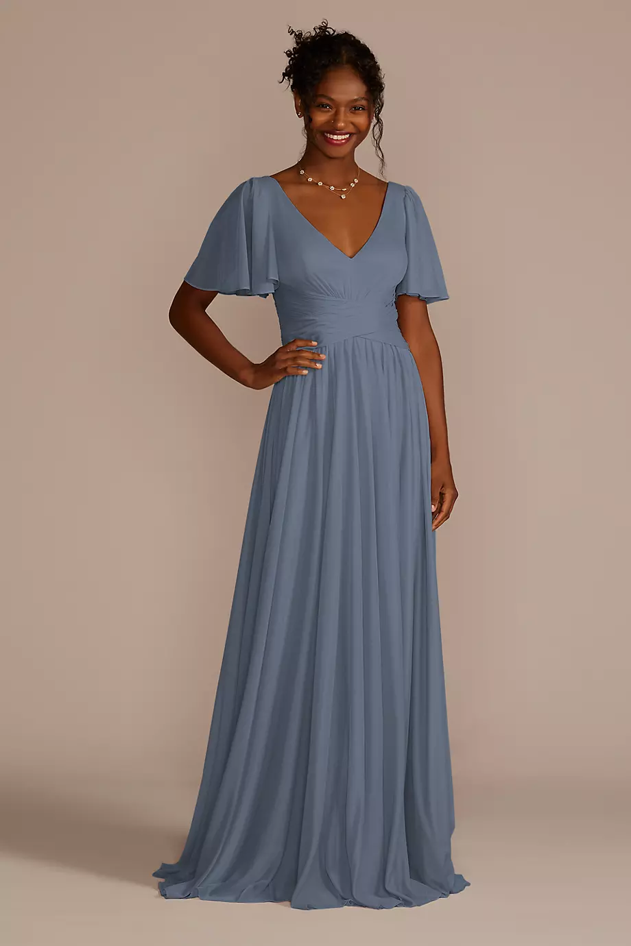 Celebrate DB Studio Crisscross Mesh Flutter Sleeve Bridesmaid Dress in Steel Blue Size: 16 David's Bridal
