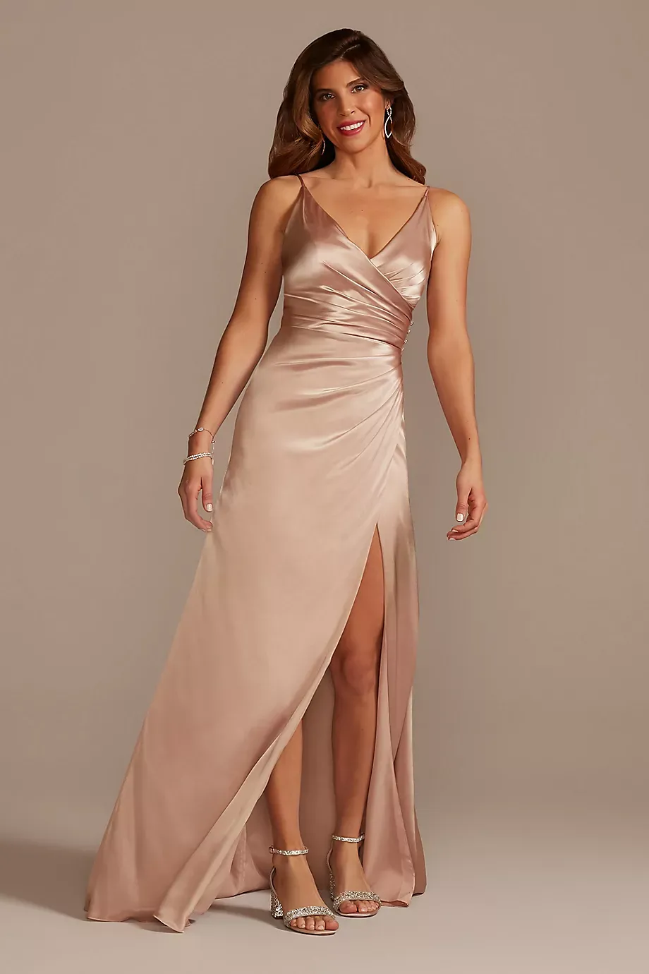 Galina Signature Charmeuse Draped Strappy Dress in Sand Size: 6 David's Bridal
