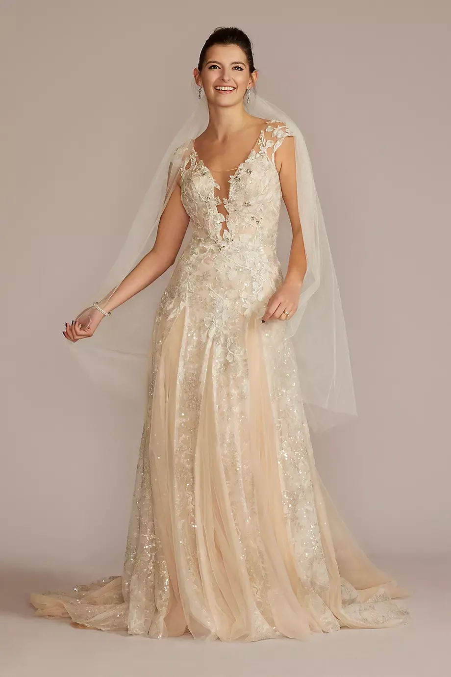 Galina Signature Illusion Embellished Drop Waist Wedding Gown in Dark Champagne/Ivory Cashmere Size: 2 David's Bridal